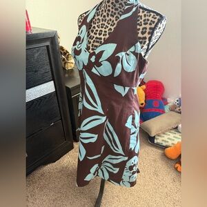 Jones New York Brown Dress with Light Blue Floral Print, One Shoulder